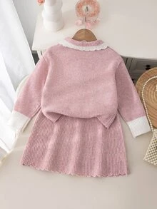 SHEIN Setelan Rajut 2 Potong untuk Anak Perempuan, Kerah Peter Pan, Pita, Rajut Kabel, Blok Warna, Gaya Putri, Musim Semi/Musim Gugur, Rok, Atasan Kardigan, Pakaian Manis untuk Anak Perempuan - Berwarna merah muda - View 2