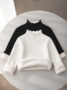 SHEIN 女童隨機 2 件組 羅紋針織高領毛衣 冬季返校長袖套頭上衣 - 彩色 - 查看 3