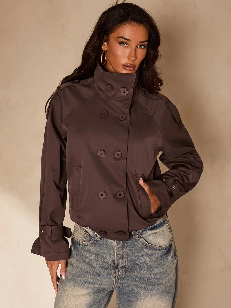 Glamine Double Breasted Raglan Sleeve Trench Coat - Brown - View 1