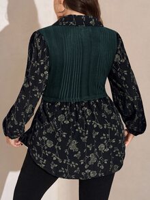 SHEIN LUNE 大尺碼女款休閒花卉拼接上衣 感恩節 新年 冬季狂歡 秋季 - 棕色 - 查看 2