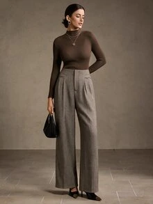 MOTF PREMIUM WOMEN'S HERRINGBONE PATTERN MULTICOLOR PLEATED STRAIGHT LEG COMMUTER SUIT PANTS - Brown - View 4