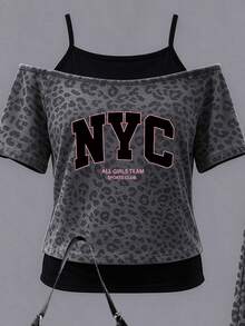 (1套) 青少年女孩休閒簡約風 NYC 炭灰色豹紋 2合1 露肩細肩帶短袖T恤搭配寬腿長褲 - 彩色 - 查看 4