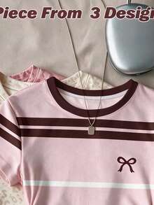 青少年女孩休閒極簡時尚經典條紋蝴蝶結圖案圓領抽褶腰貼身短袖T恤，春夏百搭Y2K舒適外出上衣，慵懶奶油風 - 彩色 - 查看 3