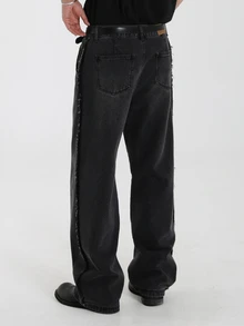 DAZY Spring/Autumn Black Washed Distressed Side Seam Frayed Design Street Style Men's Jeans - Black - View 2