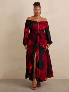 Travachic CURVE+ Red And Black Tie Dye One-Shoulder Long SleeveMaxi Dress, Pleated Ruched Body, Rhinestone Detail, Elegant Party Vacation Dress,Christmas Dress - Black - View 3