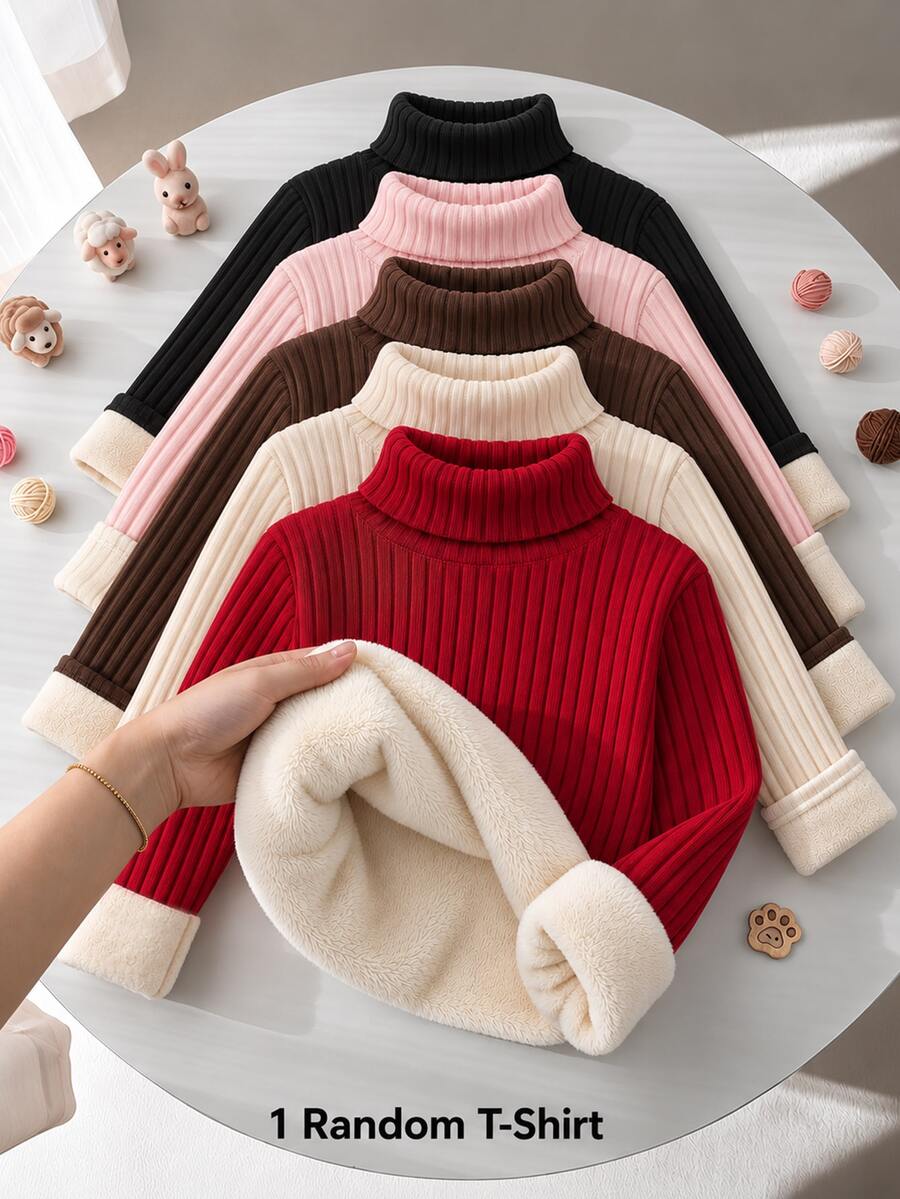 SHEIN 女童羅紋針織高領開學季柔軟長袖套頭冬款上衣 - 彩色 - 查看 1