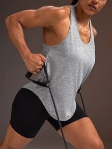 Powerista 女款圓領灰色反光箔印花修身高彈力長袖無縫運動短袖T恤 健身房夏季端莊運動休閒風 - 灰色 - 查看 6