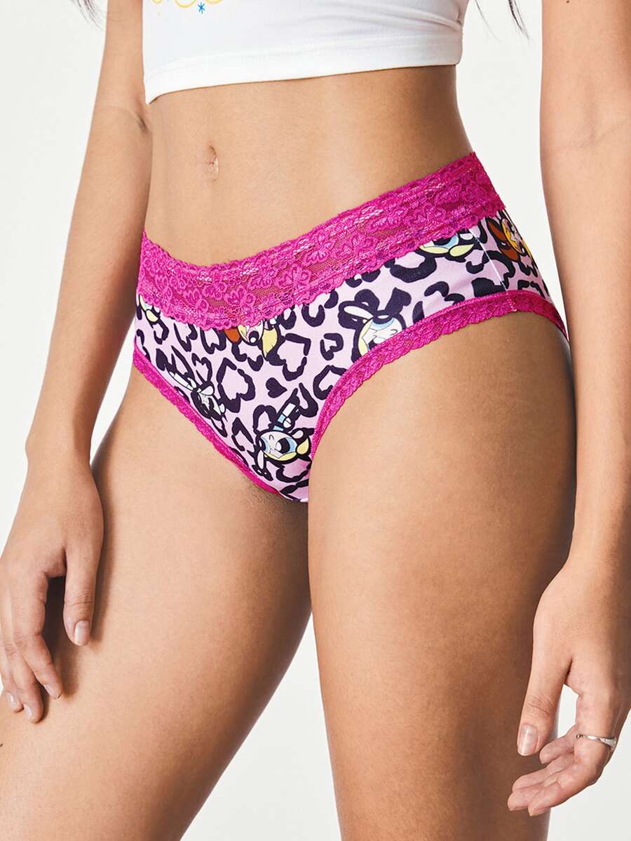 THE POWERPUFF GIRLS X SHEIN Women's Lace Patchwork Cartoon Print Casual Daily Triangle Panties - Hot Pink - View 1