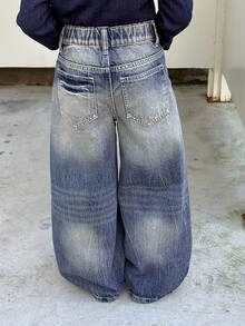 Dazy Kids Tween Girl) Washed Design Straight Leg Jeans, Distressed Basic Style, Autumn/Winter - Dark Wash - View 2