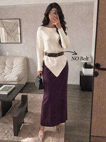 Modelyn Women's Solid Color Asymmetrical Hem Asymmetrical Shoulder Sweater And Knit Skirt Elegant 2 Pieces Set - Multicolor - View 6