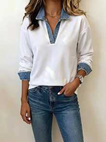 SHEIN Holidaya Women's Autumn/Winter New Minimalist Solid Color Small V-Neck Long Sleeve Sweatshirt, Patchwork Contrast Color Design Loose Fit Slimming Concealing Flattering Versatile Commute Casual Minimalist Versatile, Suitable For Daily Commute Casual Wear - White - View 6
