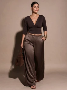 SHEIN BAE CURVE 大尺碼女款優雅寬鬆休閒不對稱辦公正式商務長褲，秋冬黑色，工作褲，萬聖節，聖誕節 - 棕色 - 查看 5