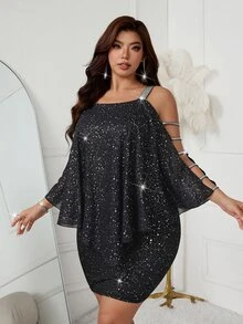 Femmeverse Plus Size Women's Knit Patchwork Chiffon Fitted Short Dress - Black - View 6