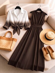 Rusticease Ombre Print Tie Front Crop Shirt Sleeveless Flare Hem Dress ...