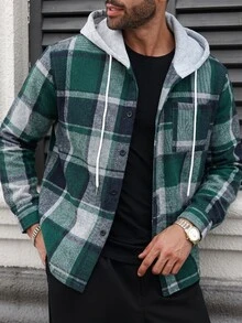 Manfinity CasualCool 男士大尺碼格紋抽繩連帽休閒長袖襯衫外套，不含T恤，男友禮物 - 彩色 - 查看 6
