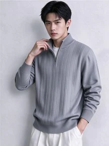 Manfinity Hypemode 男士純色半拉鍊長袖休閒寬鬆毛衣 - 灰色 - 查看 5