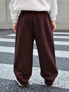 SHEIN Bubblio 兒童小男孩純色抽繩腰寬腿休閒運動長褲 - 咖啡棕 - 查看 2