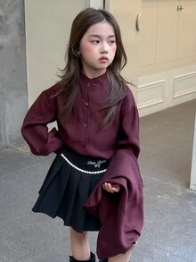 DAZY Tween Girl) Design Asymmetric Spring Long Sleeve Middle East Patchwork Shirt - Burgundy - View 8