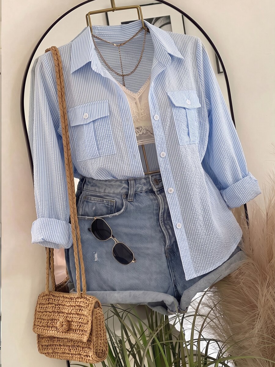 INAWLY Striped Print Flap Pocket Shirt - Blue - View 1