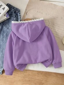 SHEIN 女童灰色與白色花卉蝴蝶結裝飾連帽衛衣外套，適合秋冬外出穿著 - 紫色 - 查看 2