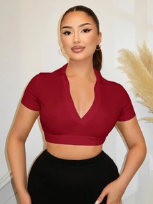 SHEIN SXY 夏季休閒性感純色修身短版T恤，黑色，適合日常穿著、外出與夜生活 - 紅色 - 查看 3