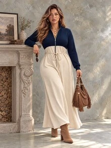 Ceyna Plus Two Tone Cinched Waist Cinched Waist Half Zip Placket Dress Fall - Multicolor - View 3