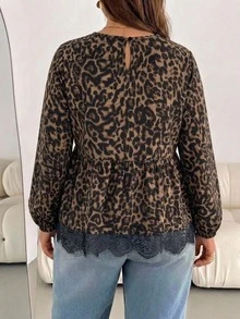 Shapeblank Casual Leopard Print Fabric Contrast Lace Trim Plus Size ...