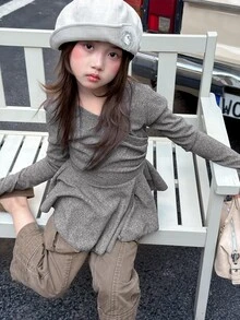 Dazy Kids Tween Girl Solid Color Casual Versatile Daily Long Sleeve T-Shirt - Grey - View 8