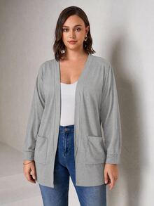 Chikora Plus Size Black Knit Pocket Loose Fit Cardigan With Pockets,Business Casual Woman Winter Fall Autumn - Grey - View 4