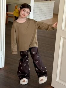 Dazy Kids Tween Girl) Round Neck Pullover Solid Color Casual T-Shirt + Straight Leg Long Pants Casual Home Wear 2 Pieces Set - Brown - View 5