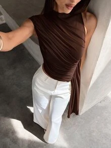 Aloruh 女款優雅淡黃色抓褶無袖不對稱下擺上衣，夏季網紗上衣附流暢緞帶，適合早午餐、海灘度假與熱帶穿搭 - 咖啡棕 - 查看 1