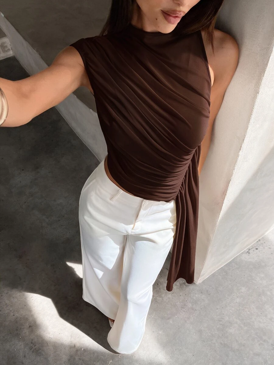 Aloruh 女款優雅淡黃色抓褶無袖不對稱下擺上衣,夏季網紗上衣附流暢緞帶,適合早午餐、海灘度假與熱帶穿搭 - 咖啡棕 - 查看 1