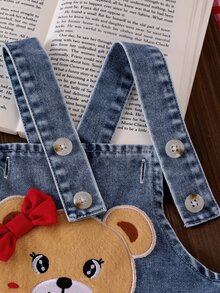 SHEIN 2pcs Toddler Baby Girl Long Sleeve T-Shirt Denim Jumpsuit Set Blue White Red Heart Print Bear Patch Bow Ribbed Knit Round Neck Button Front Ruffle - Blue - View 5