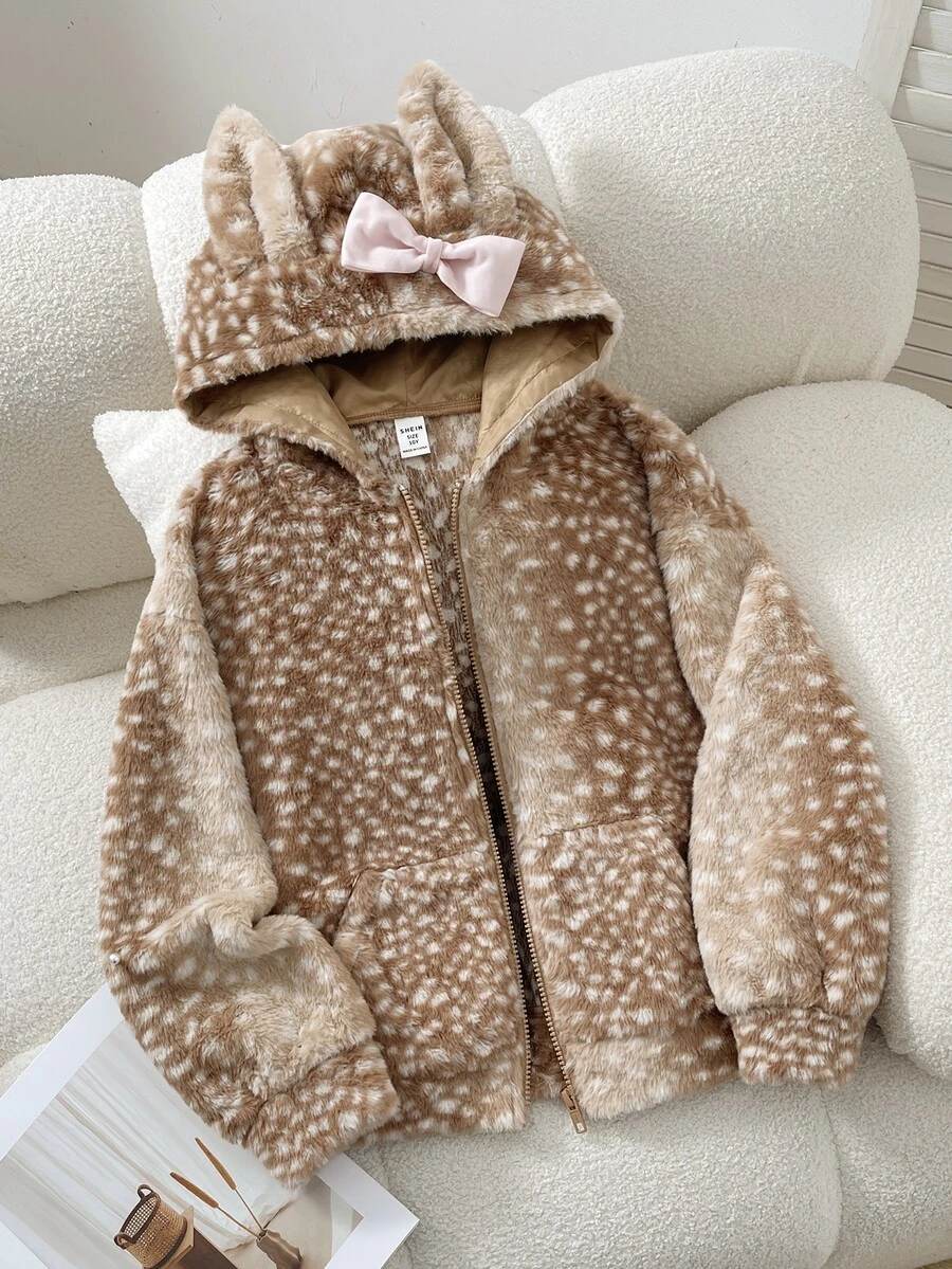 SHEIN Tween Girl Tween Girls Casual Cute Fuzzy Deer-Colored Polka Dot Coat With Detachable Rabbit Ears, Bow Decor, Hood, Patch Pockets, Zipper Front, Thickened Jacket, Suitable For Back To School, Autumn/Winter Outings, Daily Wear - Khaki - View 1