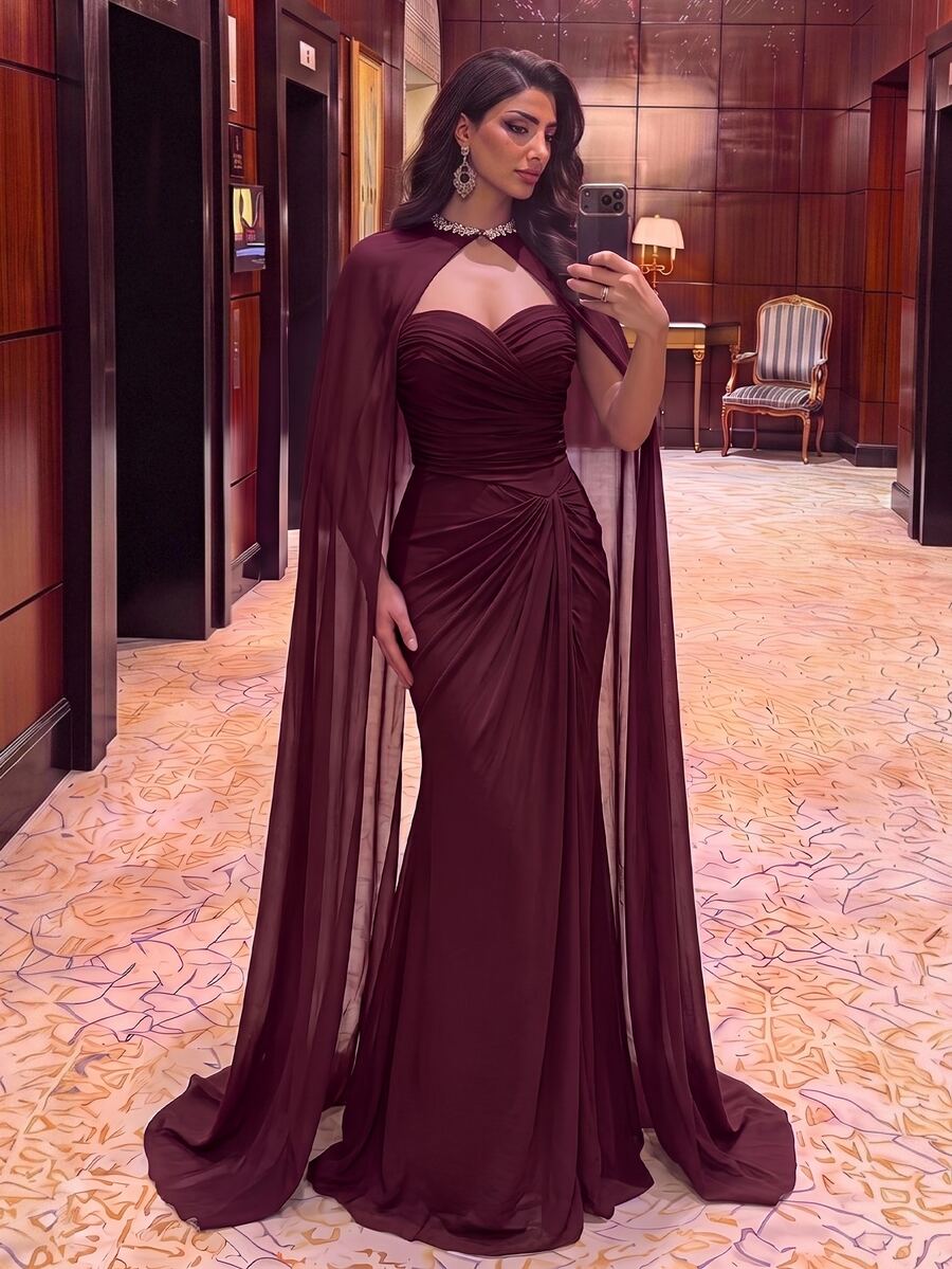 Aureia Elegant Luxury Burgundy Pleated Ruffle Fitted Mermaid Hem Evening Gown, Suitable For Evening Parties, Balls, Weddings, Events, Music Festivals (Heavy Workmanship Design) - Burgundy - View 1
