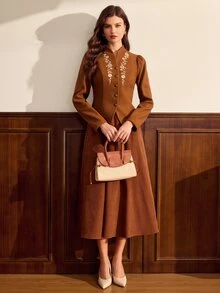 Vintamour Women's Floral Embroidered Long Sleeve Single-Breasted Overcoat - Brown - View 6