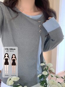 Dazy Tall Women's Contrast Color Long Sleeve 2 In 1 Asymmetric Placket Round Neck Butterfly T-Shirt - Grey - View 1