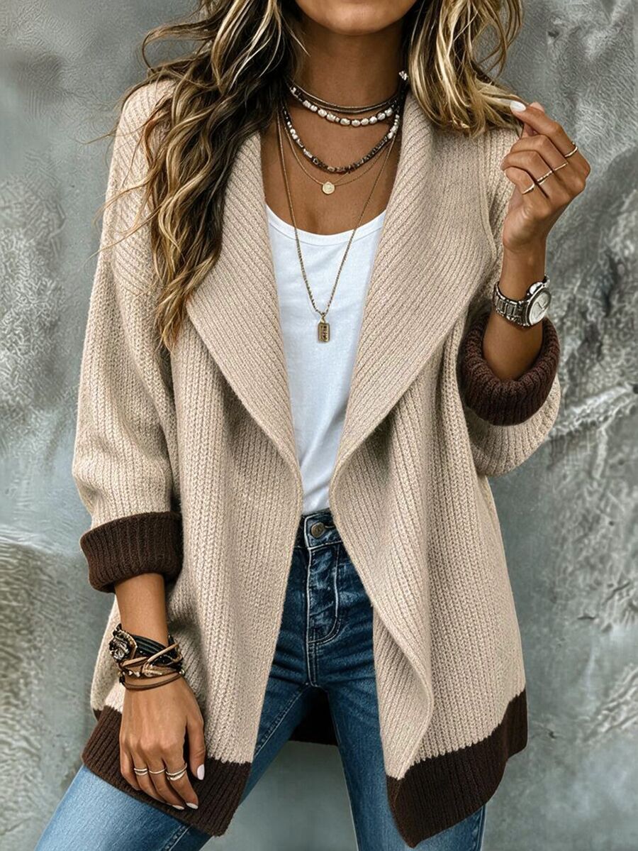 SHEIN Women's Vintage Contrast Color Lapel Long Sleeve Knit Cardigan - Apricot - View 1