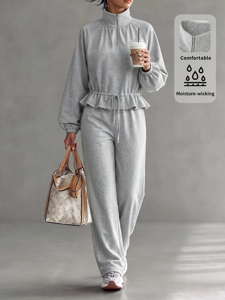 LUMIGAL Oversized Half-Zip Ruffle Hem Crop Jacket And Wide Leg Full Length Co-Ord Two Pieces Set Fall/Winter - Light Grey - View 1
