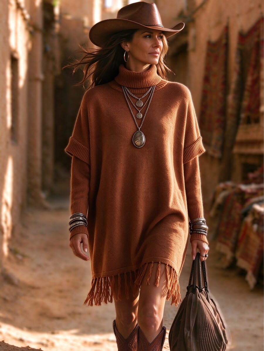 LanaWest Gaun Sweater Leher Tinggi Lengan Kelelawar dengan Rumbai di Bagian Bawah - Coklat - View 1