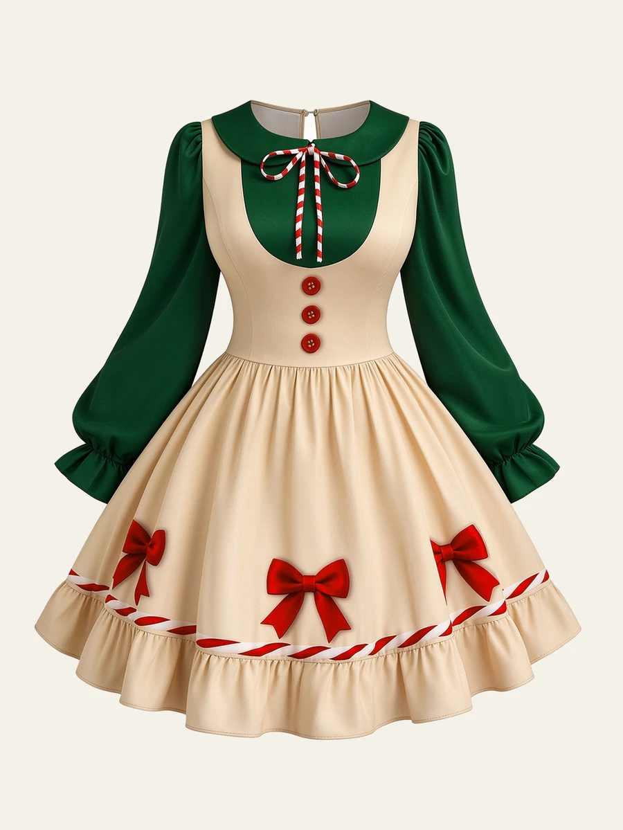 Sweetra Plus Size Women's Bow Decor Peter Pan Collar Christmas Dress - Multicolor - View 1