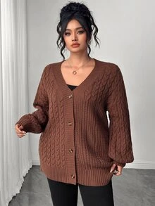 Elenzga Plus Size V-Neck Button Cable Knit Lantern Sleeve Sweater, Casual And Comfortable - Brown - View 5