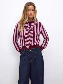 Nöista Vertical Stripes Round Neck Knit SWEATER - Purple - View 3