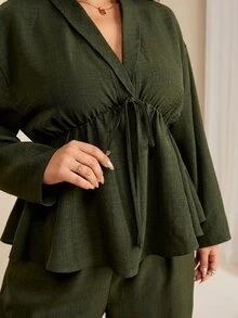 Edennvi Plus Size Women Solid Color V-Neck Pleated Long Sleeve Top And Pants Casual Daily 2 Pieces Set - Army Green - View 5