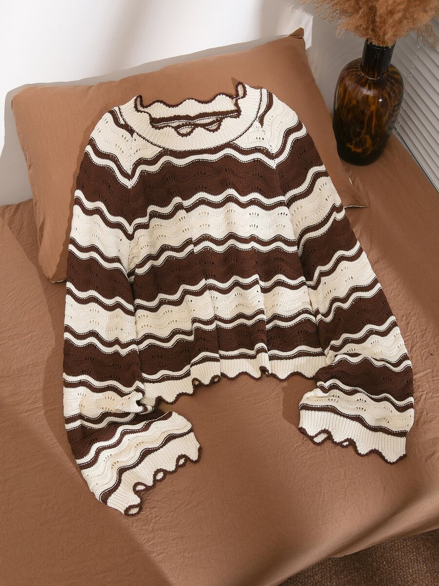 CosyJoli Plus Size Contrast Wave Striped Pattern Raglan Sleeve Sweater Winter - Multicolor - View 1
