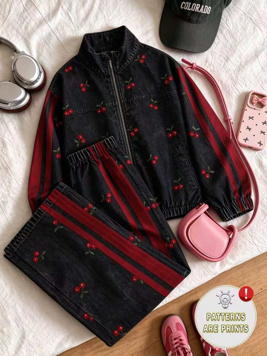 SHEIN 青少年女孩秋冬櫻桃仿牛仔印花拉鍊運動夾克與寬腿長褲2件套 - 黑色 - 查看 1