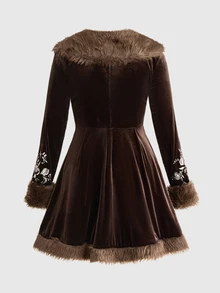 ROMWE Plus Size Gothic Embroidered Floral Fur Collar A-Line Jacket For Women, Autumn/Winter - Brown - View 2