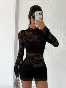 EgrlEra Mock Neck Lace Bodycon Dress Without Cami Dress - Black - View 5