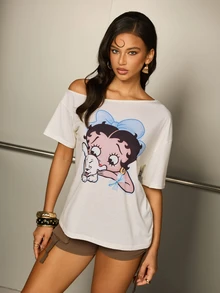 Betty Boop x SHEIN Women's Cartoon Print Asymmetrical Shoulder Casual Daily T-Shirt - Light Yellow - View 1
