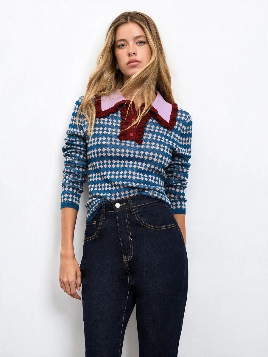 Nöista Women's Geometric Pattern Polo Collar Long Sleeve Casual Sweater - Blue - View 1